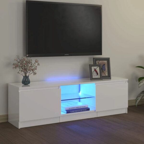 Modern High Gloss White TV Cabinet with RGB LED Lights | Sturdy Engineered Wood & Tempered Glass Design