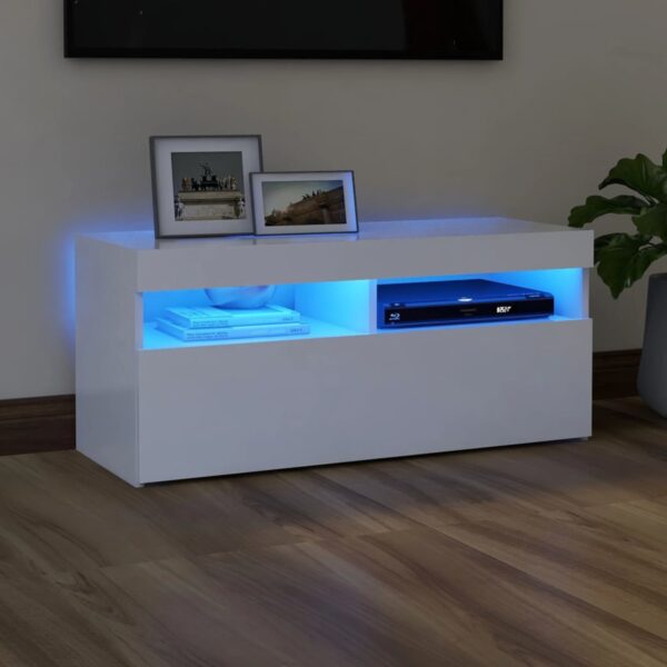 Modern White TV Cabinet with RGB LED Lights | Stylish HiFi Stand | Engineered Wood TV Unit